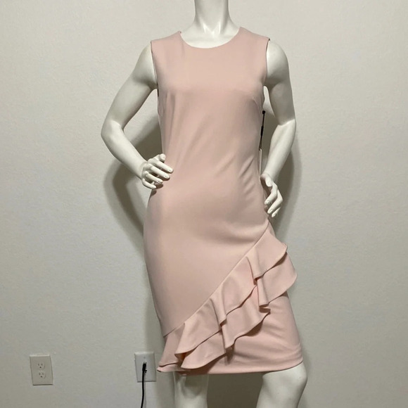 Calvin Klein NWT Petal Asymmetric Ruffle Scuba Crepe Sheath Dress Size 4 - Picture 2 of 7
